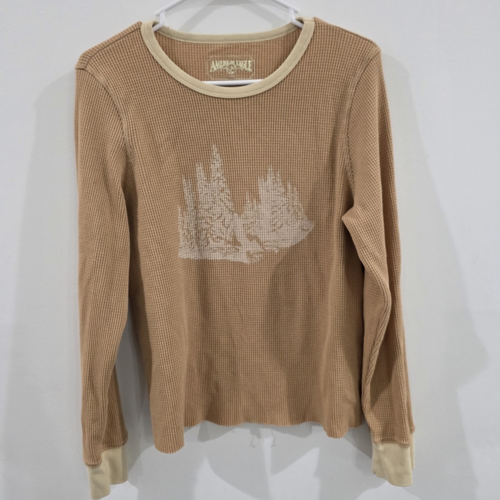 American Eagle Womens Thermal Top Size XL Beige Scenic Ski Forest Outdoor Layer